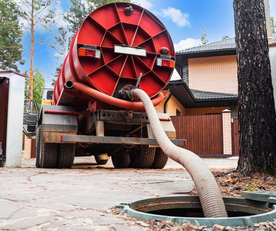 Màquina de bombament de clavegueram. Camió sèptic. Canonada al pou de drenatge. Bombeig d‟aigües residuals d‟una fossa sèptica. Manteniment de fosses sèptiques.    
